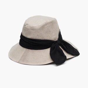 Eugenia Kim Jordana Bow Linen Packable Hat /Beige and Black Ribbon/NWT
